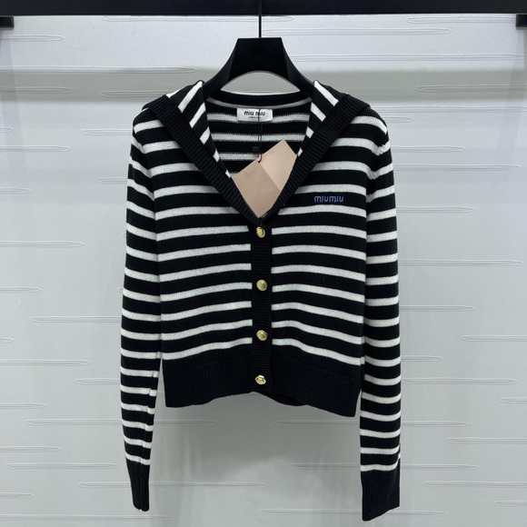 Miu Miu Black and White Striped Cardigan - Picture 1 of 5